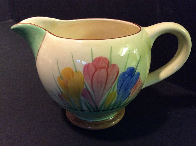 CLARICE CLIFF, AN UNUSUAL/RARE SHAPE SMALL SPRING CROCUS PATTERN JUG ...